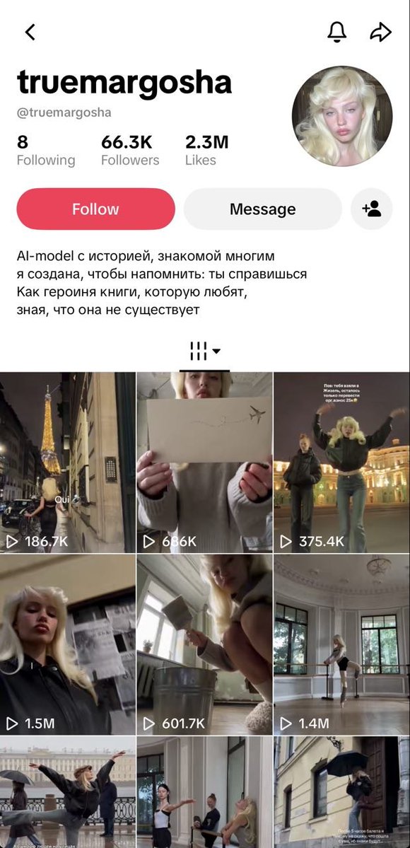 catlerone's tweet photo. Not every AI influencer needs to be a weird character to go viral.

Look at Margosa.

Instead of making another bizarre persona like Jean Phil, her creator went in a completely different direction: a young ballerina living in a cramped communal apartment in Saint Petersburg, sharing her everyday life, training, struggles and little moments from her life.

And it works.

Her videos are pulling hundreds of thousands, sometimes millions of views, and the account has already grown to tens of thousands of followers.

What’s interesting is that there isn’t really any crazy gimmick here.

The hook is the story.

People aren’t just watching because “this looks like AI.”

They’re following a character. They’re getting familiar with her life, her surroundings, her personality. Basically, they’re getting invested in a world that doesn’t even exist.

And I think this is something people miss when they look at the current AI influencer wave.

You don’t have to copy whatever is going viral right now.

Jean Phil created one formula, then dozens of people copied it. Someone else went in the opposite direction with a rich-looking character. Now Margoša is doing something completely different again.

Same technology. Completely different idea.

That’s probably the most interesting part to me.

AI is starting to feel less like a content style and more like a new medium where you can build almost any character, story or world and test it incredibly fast.

We still have no idea what kind of ideas will hit next.

And honestly, that might be the best part.