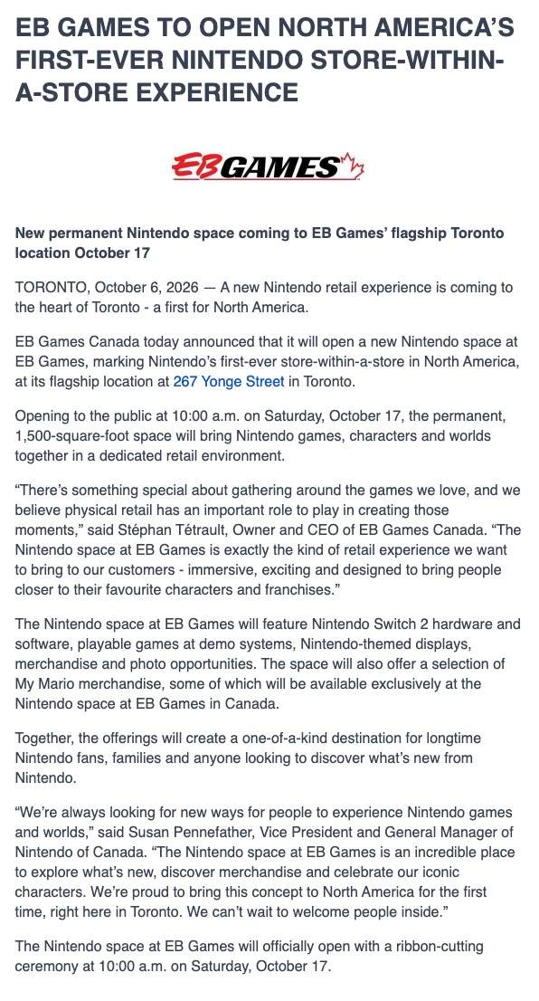 Lbabinz's tweet photo. EB Games To Open North America’s First-Ever Nintendo Store-Within-A-Store Experience

"Opening to the public at 10:00 a.m. on Saturday, October 17, the permanent, 1,500-square-foot space will bring Nintendo games, characters and worlds together in a dedicated retail environment." 

https://t.co/BvAzTOeKCC