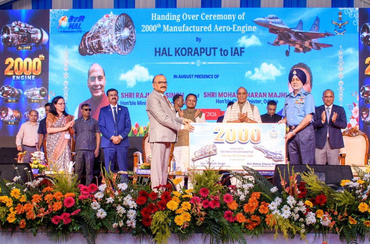 HALHQBLR's tweet photo. Six decades of engineering excellence. 2,000 aero engines. 9,000+ engine overhauls. And a growing indigenous capability in high-thrust engines. HAL Koraput today delivered its 2,000th engine (AL31 FP) in the presence of Hon’ble Raksha Mantri Shri Rajnath Singh, Shri Mohan Charan Mahji, Chief Minister of Odisha, Shri Sanjeev Kumar, Secy (DP),