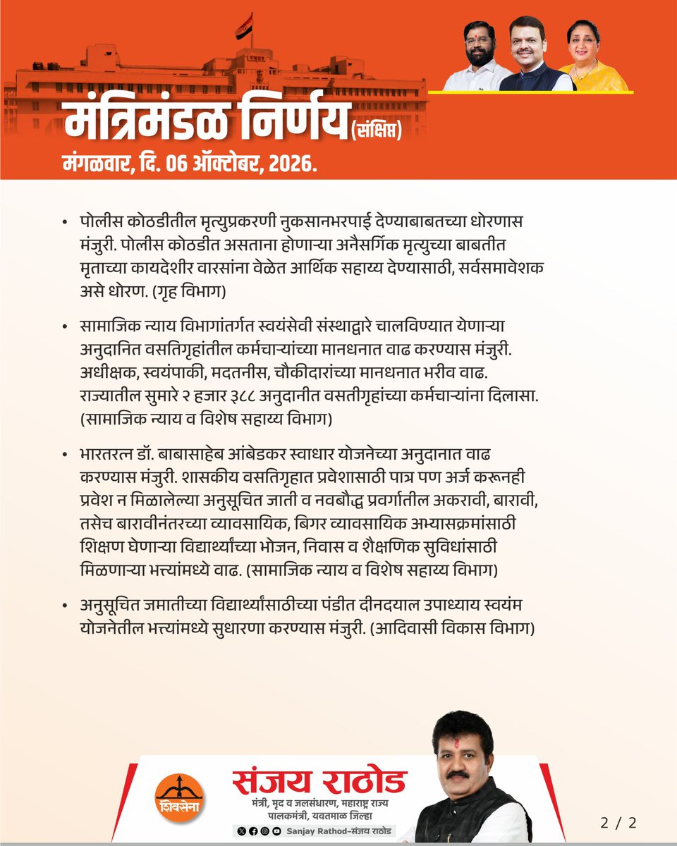 SanjayDRathods's tweet photo. आजच्या राज्य मंत्रिमंडळ बैठकीतील महत्त्वाचे निर्णय! | ६ ऑक्टोबर २०२६

#cabinet #maharashtra #maharashtradevelopment #cabinetdecisions https://t.co/W9eGD8WMPn