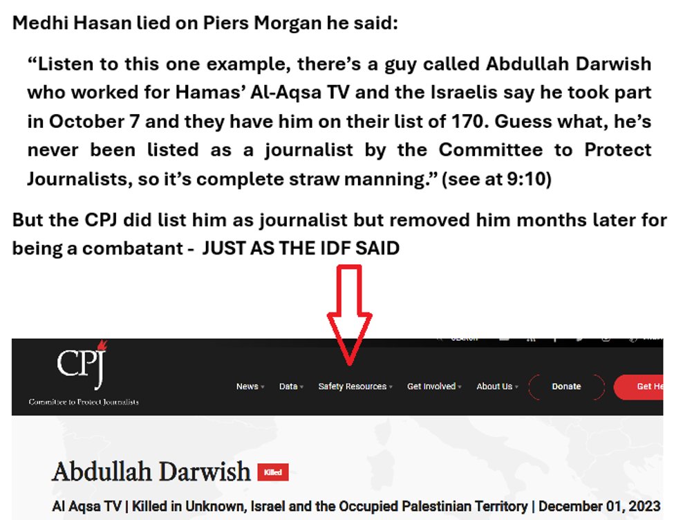 Aizenberg55's tweet photo. 🧵On @piersmorgan show @mehdirhasan lied, obscured &amp; misrepresented in a desperate attempt to discredit IDF's list of 170 fake Gaza journalists who were combatants. In one key lie, Hasan claimed Abdullah Darwish was never a CPJ listed journalist, but he was! Links below. 1/ https://t.co/7cOZsK8f2s