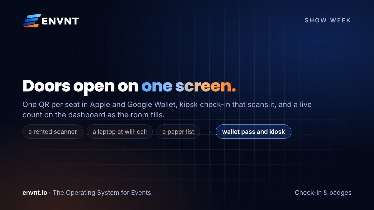 Envnt_io's tweet photo. One QR per seat in the wallet, kiosk scans it, dashboard counts the room as it fills. Doors are the twenty minutes everyone remembers. https://t.co/bMMizYmwsU