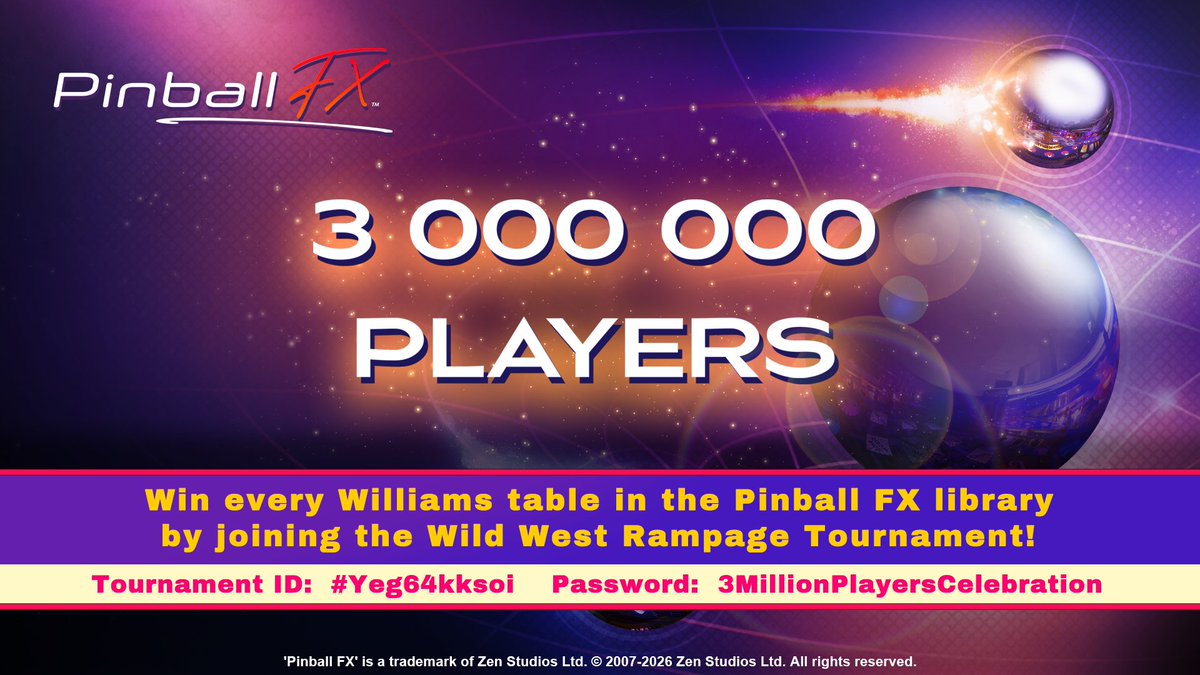 zen_studios's tweet photo. Pinball FX players, as part of our 3 million players celebration, our special giveaway is here! 🎉

Join our free-to-play Wild West Rampage Tournament and finish in the Top 100 to win EVERY available Williams table in the Pinball FX library, plus the upcoming Judge Dredd™ on Steam, Epic Games, Xbox, or PlayStation!

🏆Tournament ID: #Yeg64kksoi
📜Read the T&C: https://t.co/D6Rd84pASh 

Good luck! ⭐️