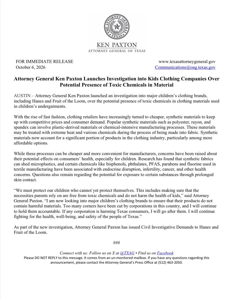KenPaxtonTX's tweet photo. BREAKING: I launched an investigation into children’s clothing companies over the potential presence of toxic chemicals in their materials. https://t.co/mk2O5mLgtE