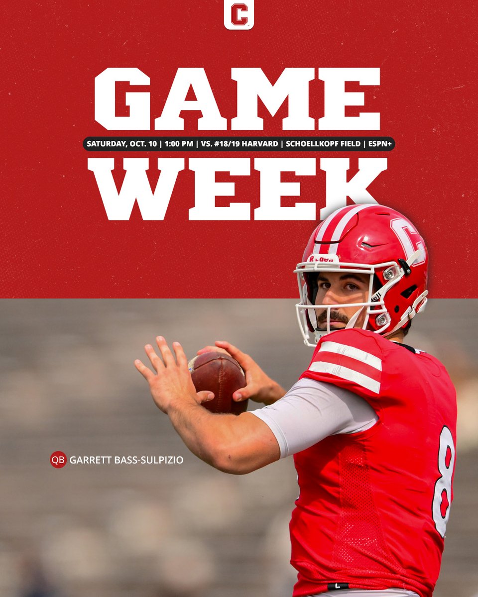 CornellSports's tweet photo. Week 4 🔜

Cornell returns to Schoellkopf Field on Saturday, Oct. 10, for the first of back-to-back home games.

🆚 #18/19 Harvard | Sat. Oct. 10
📍 Schoellkopf Field | ESPN+

#YellCornell 🐻 | @BigRed_Football https://t.co/Qle4AUPfZi