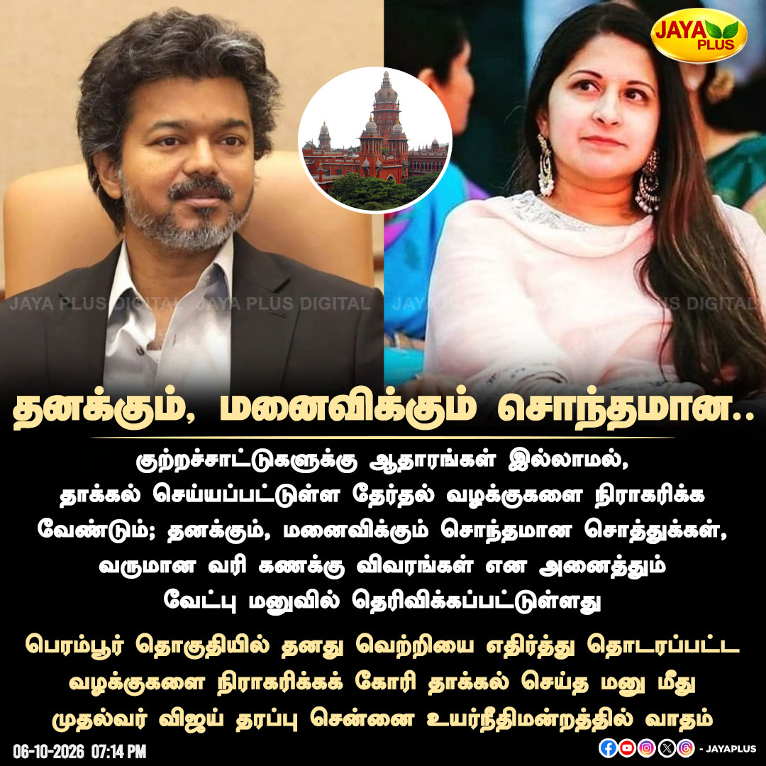 jayapluschannel's tweet photo. பெரம்பூர் தொகுதியில் தனது வெற்றியை எதிர்த்து தொடரப்பட்ட வழக்குகளை நிராகரிக்கக் கோரி தாக்கல் செய்த மனு மீது முதல்வர் விஜய் தரப்பு சென்னை உயர்நீதிமன்றத்தில் வாதம்

#CMVijay #Vijay #TVK #Perambur #PeramburConstituency #ElectionCase #ElectionPetition #MadrasHighCourt #JayaPlus https://t.co/DiOhe0BqEe
