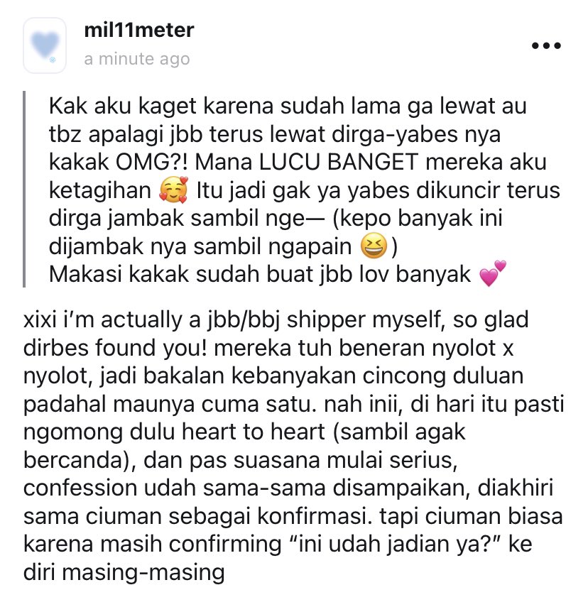 mil11meter's tweet photo. ❓ Kak aku kaget karena sudah lama ga lewat au tbz apalagi jbb terus lewat dirga-yabes nya kakak OMG?! Mana LUCU BANGET mereka aku ketagihan 🥰...
💬 (🔞) xixi i’m actually a jbb/bbj shipper myself, so glad dirbes found you!... | ratelio https://t.co/rClOebOPxK #dirga #yabes https://t.co/eGA1PZy1yE