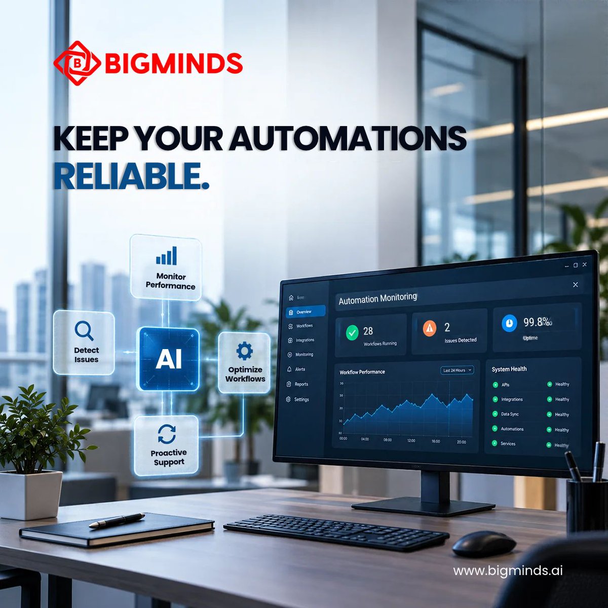 Bigmindsai's tweet photo. BigMinds AI’s Support &amp; Monitoring ensures your systems run consistently. Proactively monitor performance, identify issues, minimize disruptions, and keep mission-critical workflows humming.

Monitor smarter. Operate better.

#BigMindsAI #AIAutomation #BusinessAutomation https://t.co/DxuhgRdB5k
