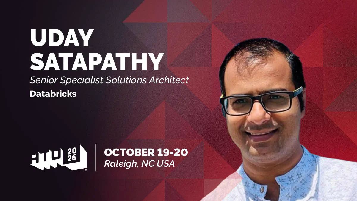 On one side is Uday Satapathy's headshot. Text on the other side reads Uday Satapathy. Senior Specialist Solutions Architect, Databricks. ATO 2026. October 19 - 20. Raleigh, NC USA