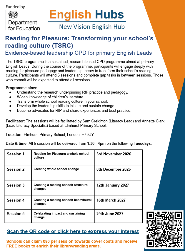 NewVisEngHub's tweet photo. Primary schools in North East London &amp; Essex  looking to make reading for pleasure a key priority and build a strong, sustainable reading culture. Sign up to join our FREE CPD programme: https://t.co/t1geARu6vw https://t.co/T4K5oPscp3
