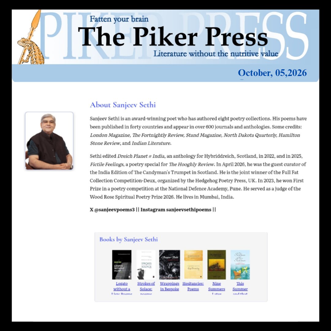 sanjeevpoems3's tweet photo. The USA-based Piker Press published my poem, Lustration, on October 5, 2026. I am posting it for you—my sincere thanks to Sand Pilarski. https://t.co/K64ib6D7fq