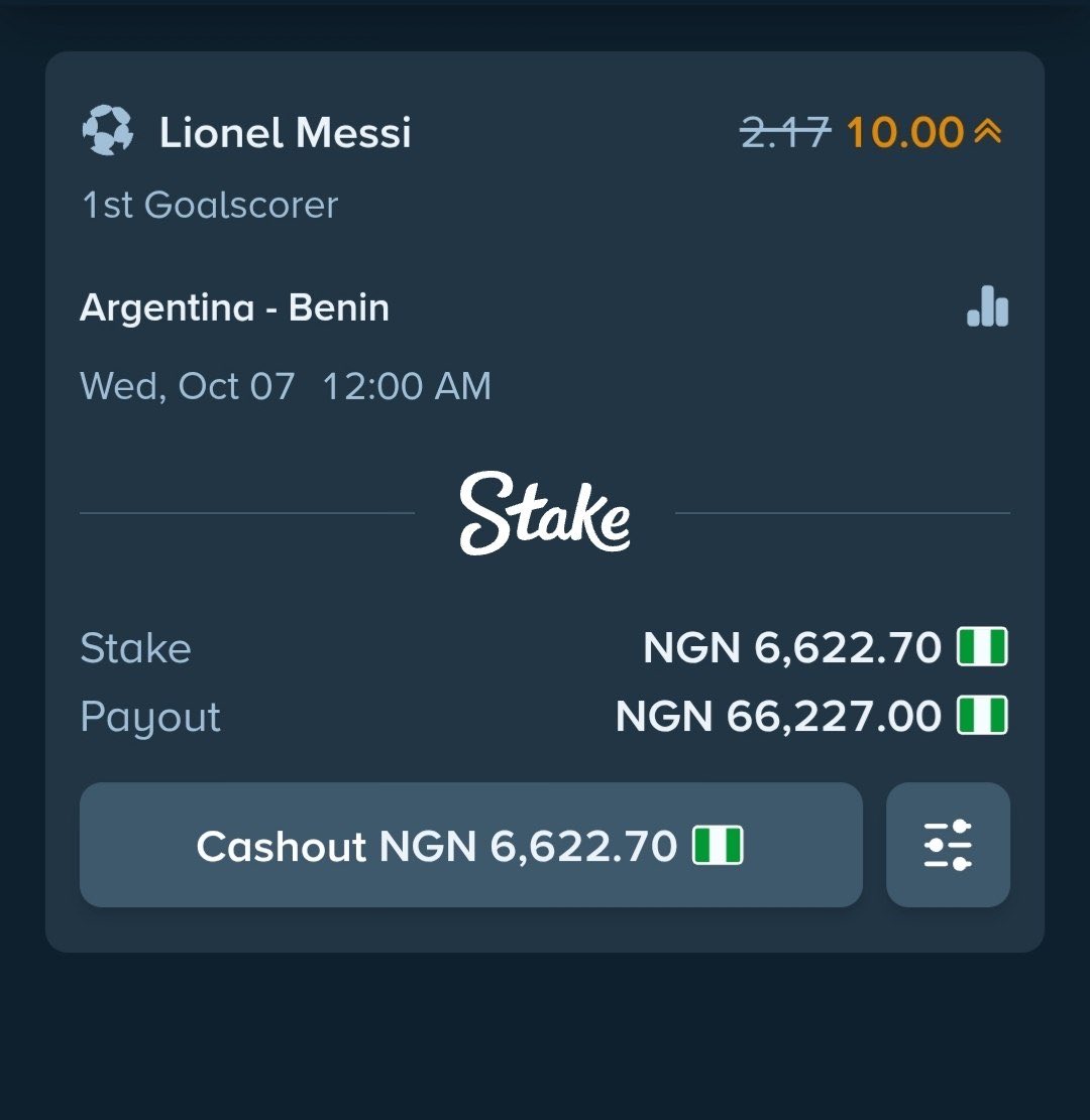 htfttipster1's tweet photo. MESSI'S LAST DANCE 🐐🇦🇷

His final game for Argentina is tomorrow & Stake boosted his First Goalscorer odds from 2.50 to 10.00 for us 🤭

⚽️ Messi to score first: 10 
💵 Max stake: $5
☝️ One bet per player 
💰 $5 at 10.00 returns $50 if he opens the scoring

Booking link 👉 https://t.co/gpDcM21yJL

https://t.co/ML0wvDCMfF

Promo code: htft

Bet Responsibly 🔞