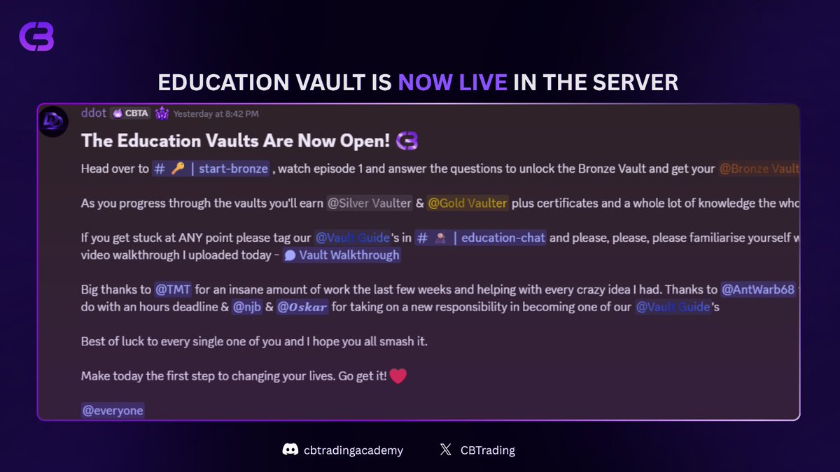 CBTrading's tweet photo. THE EDUCATION VAULTS ARE NOW LIVE 🔓✨

A big thank you to the team who spent weeks bringing this to life, and to everyone who has already jumped in! 

The server is buzzing, and people are already grinding through the levels 🔥

We’re just getting started - striving every day to make this even better for you all.
