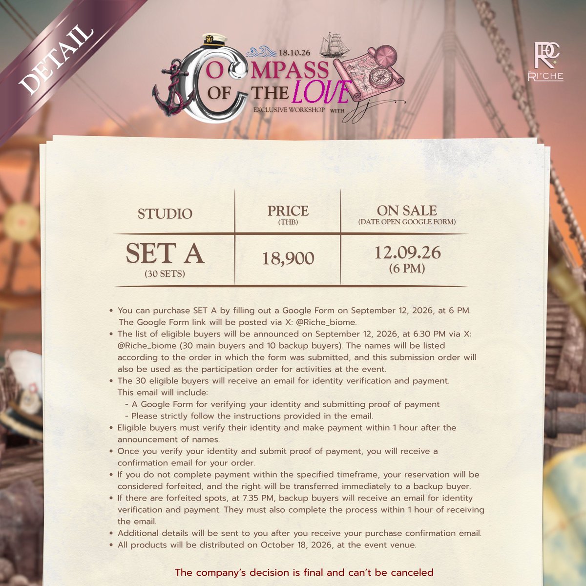 Riche_biome's tweet photo. อัพเดท สำหรับกิจกรรม  Compass of the Love exclusive workshop with JJ 🧭💖

⚓️SET A 30 ท่าน = available 18

⚓️SET B 10 ท่าน = available 8

สอบถามรายละเอียดเพิ่มเติมได้ที่ (More detail ) 
Line Official : @richeofficial
X : Riche_biome
Wechat ID : RICHEBIOME

#jj_rcp
#richebiome 
#ริชเช่ไบโอม