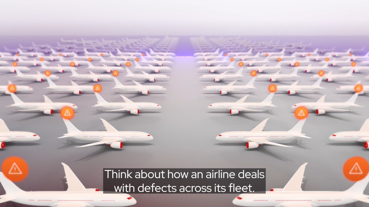 An illustration shows rows of white airplanes, many marked with orange warning triangles, accompanied by the text 'Think about how an airline deals with defects across its fleet.'
