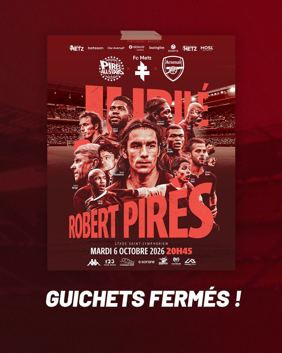 FCMetz's tweet photo. Le Jubilé Robert Pirès se jouera à 𝗚𝗨𝗜𝗖𝗛𝗘𝗧𝗦 𝗙𝗘𝗥𝗠𝗘́𝗦 !

Entouré de ses anciens partenaires du FC Metz, d’Arsenal et des Bleus, notre ancien numéro 7 s’apprête à vivre une soirée à part, là où tout a commencé 🥹🔛

Saint-Symphorien s’annonce bouillant… à ce soir ♥️ https://t.co/QYtD9Jo7Q3