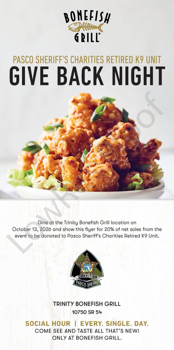 PascoSheriff's tweet photo. Pasco Sheriff's Office is teaming up with the Trinity Bonefish Grill on Oct. 13 for a Pasco Sheriff’s Charities retired K9 unit give-back night. Dine in, and don’t forget to mention you're there for Pasco Sheriff’s Charities retired K9s! https://t.co/CcyZWx0ZnB