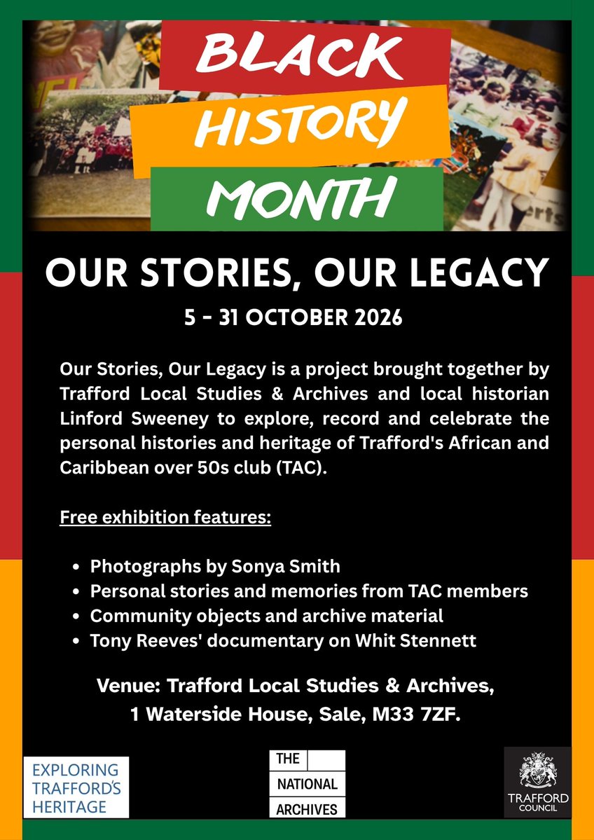 TraffLibraries's tweet photo. Visit our Black History Month exhibition at Sale Waterside to learn more about the history of Trafford's African and Caribbean community through the Our Stories, Our Legacy Project. #traffordlocalstudies #traffordlibraries #BlackHistoryMonth2026 https://t.co/NEqgqAVF6S