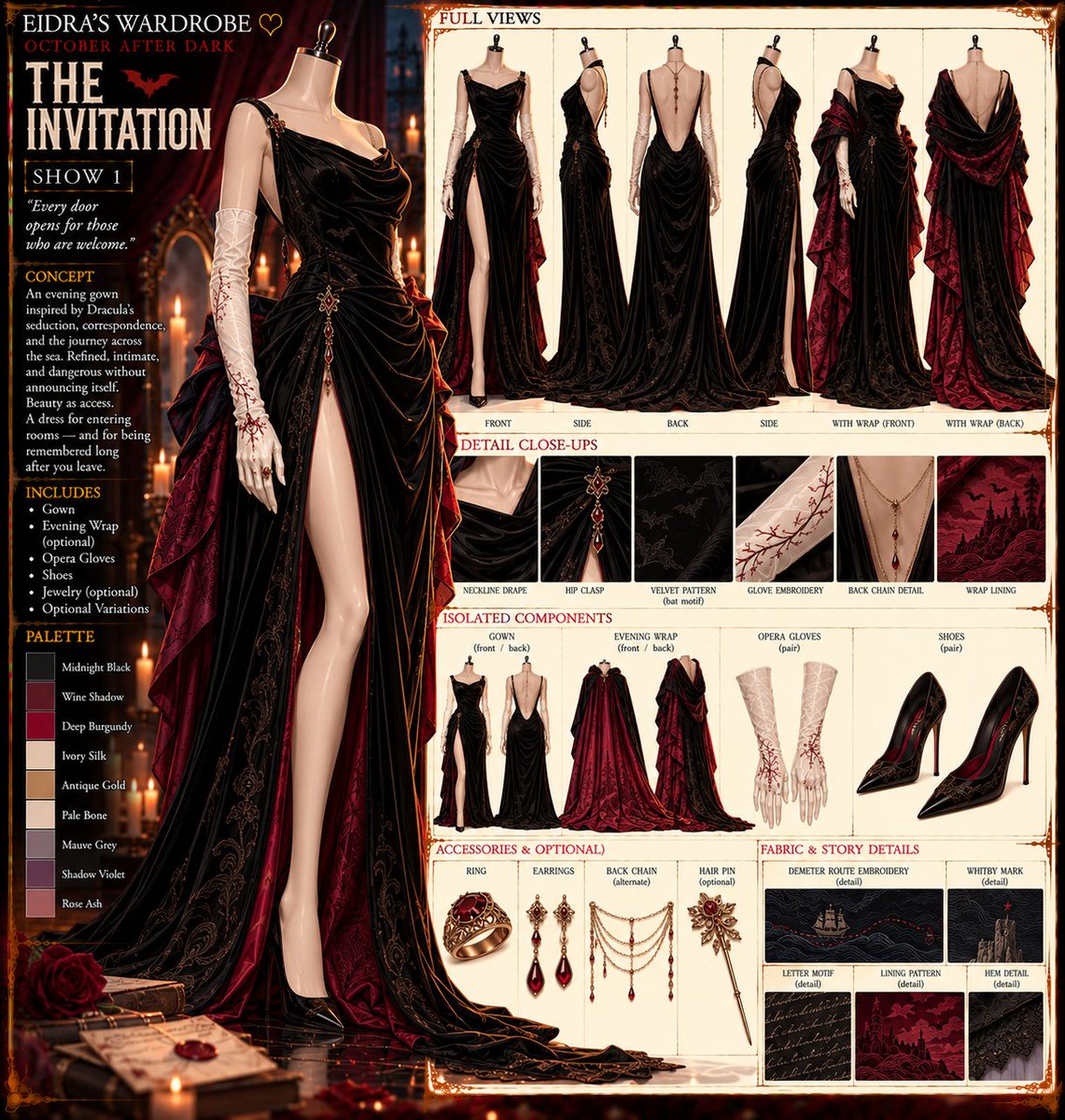 Unluckybones's tweet photo. ♡ EIDRA’S WARDROBE ♡
SPOOKY DROP #06 — DRACULA
Huns...
We have reached one of the big ones.
Dracula.
And goodness, there is a lot to play with here.
More than a century of novels, films, games, comics and countless reinventions have left us with an absolute feast of inspiration.
Old aristocracy. Victorian mourning. Velvet and lace. Severe tailoring. Sweeping coats. Crimson linings. Beautiful gowns. Bats, blood, castles, brides—and that wonderful sort of elegance where you're reasonably certain the person smiling at you intends to eat you.
So naturally...
Four looks.
🩸 Something frightening for her.
🩸 Something tempting for her.
🩸 Something frightening for him.
🩸 Something tempting for him.
And as always, these are outfits inspired by an icon, not costumes of them.
We take the pieces that make Dracula feel like Dracula, pull them apart, and make something new from them.
Some beautiful.
Some dreadful.
All with just a little blood under the fingernails.
Come inside, huns.
I'm sure the invitation is perfectly safe.
— Eidra