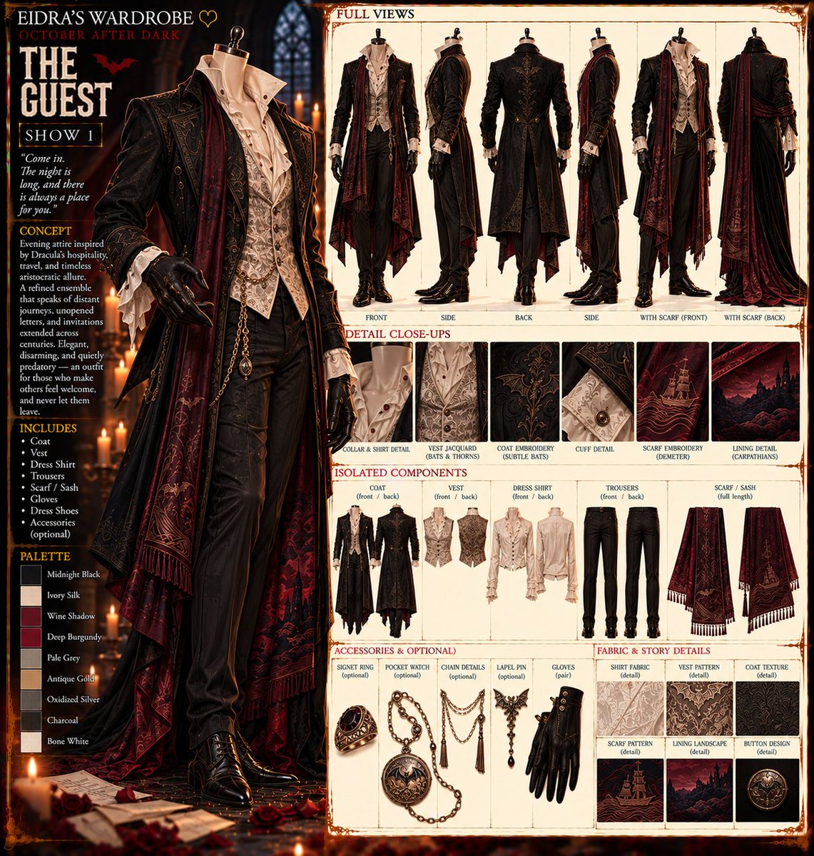 Unluckybones's tweet photo. ♡ EIDRA’S WARDROBE ♡
SPOOKY DROP #06 — DRACULA
Huns...
We have reached one of the big ones.
Dracula.
And goodness, there is a lot to play with here.
More than a century of novels, films, games, comics and countless reinventions have left us with an absolute feast of inspiration.
Old aristocracy. Victorian mourning. Velvet and lace. Severe tailoring. Sweeping coats. Crimson linings. Beautiful gowns. Bats, blood, castles, brides—and that wonderful sort of elegance where you're reasonably certain the person smiling at you intends to eat you.
So naturally...
Four looks.
🩸 Something frightening for her.
🩸 Something tempting for her.
🩸 Something frightening for him.
🩸 Something tempting for him.
And as always, these are outfits inspired by an icon, not costumes of them.
We take the pieces that make Dracula feel like Dracula, pull them apart, and make something new from them.
Some beautiful.
Some dreadful.
All with just a little blood under the fingernails.
Come inside, huns.
I'm sure the invitation is perfectly safe.
— Eidra