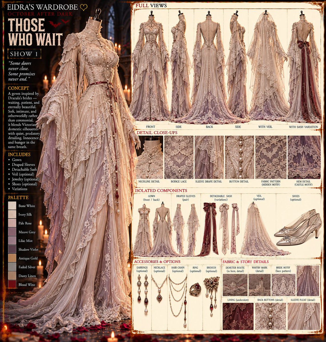 Unluckybones's tweet photo. ♡ EIDRA’S WARDROBE ♡
SPOOKY DROP #06 — DRACULA
Huns...
We have reached one of the big ones.
Dracula.
And goodness, there is a lot to play with here.
More than a century of novels, films, games, comics and countless reinventions have left us with an absolute feast of inspiration.
Old aristocracy. Victorian mourning. Velvet and lace. Severe tailoring. Sweeping coats. Crimson linings. Beautiful gowns. Bats, blood, castles, brides—and that wonderful sort of elegance where you're reasonably certain the person smiling at you intends to eat you.
So naturally...
Four looks.
🩸 Something frightening for her.
🩸 Something tempting for her.
🩸 Something frightening for him.
🩸 Something tempting for him.
And as always, these are outfits inspired by an icon, not costumes of them.
We take the pieces that make Dracula feel like Dracula, pull them apart, and make something new from them.
Some beautiful.
Some dreadful.
All with just a little blood under the fingernails.
Come inside, huns.
I'm sure the invitation is perfectly safe.
— Eidra