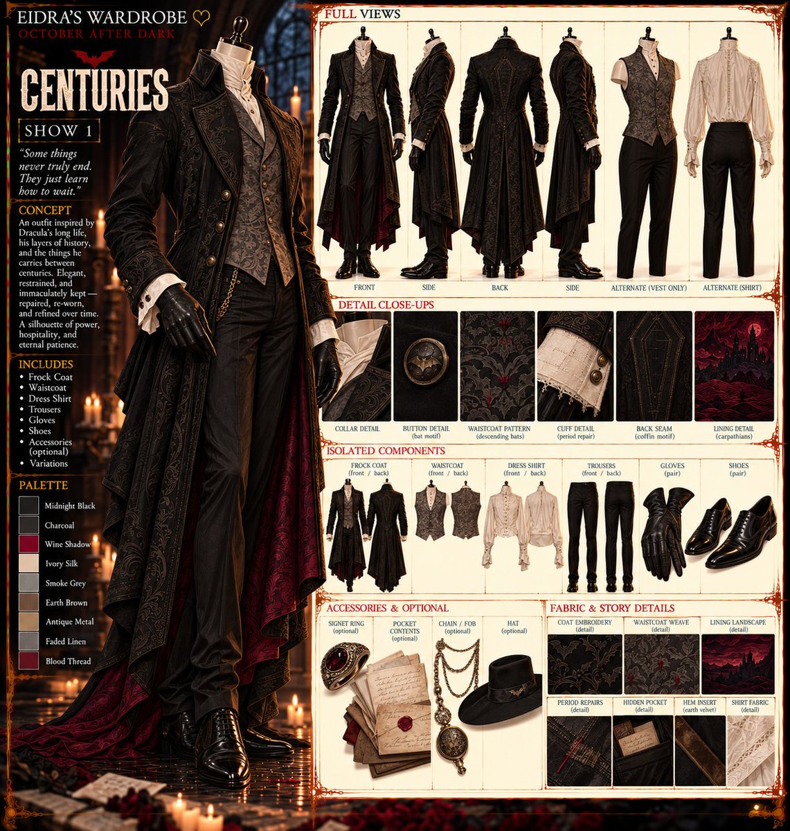 Unluckybones's tweet photo. ♡ EIDRA’S WARDROBE ♡
SPOOKY DROP #06 — DRACULA
Huns...
We have reached one of the big ones.
Dracula.
And goodness, there is a lot to play with here.
More than a century of novels, films, games, comics and countless reinventions have left us with an absolute feast of inspiration.
Old aristocracy. Victorian mourning. Velvet and lace. Severe tailoring. Sweeping coats. Crimson linings. Beautiful gowns. Bats, blood, castles, brides—and that wonderful sort of elegance where you're reasonably certain the person smiling at you intends to eat you.
So naturally...
Four looks.
🩸 Something frightening for her.
🩸 Something tempting for her.
🩸 Something frightening for him.
🩸 Something tempting for him.
And as always, these are outfits inspired by an icon, not costumes of them.
We take the pieces that make Dracula feel like Dracula, pull them apart, and make something new from them.
Some beautiful.
Some dreadful.
All with just a little blood under the fingernails.
Come inside, huns.
I'm sure the invitation is perfectly safe.
— Eidra