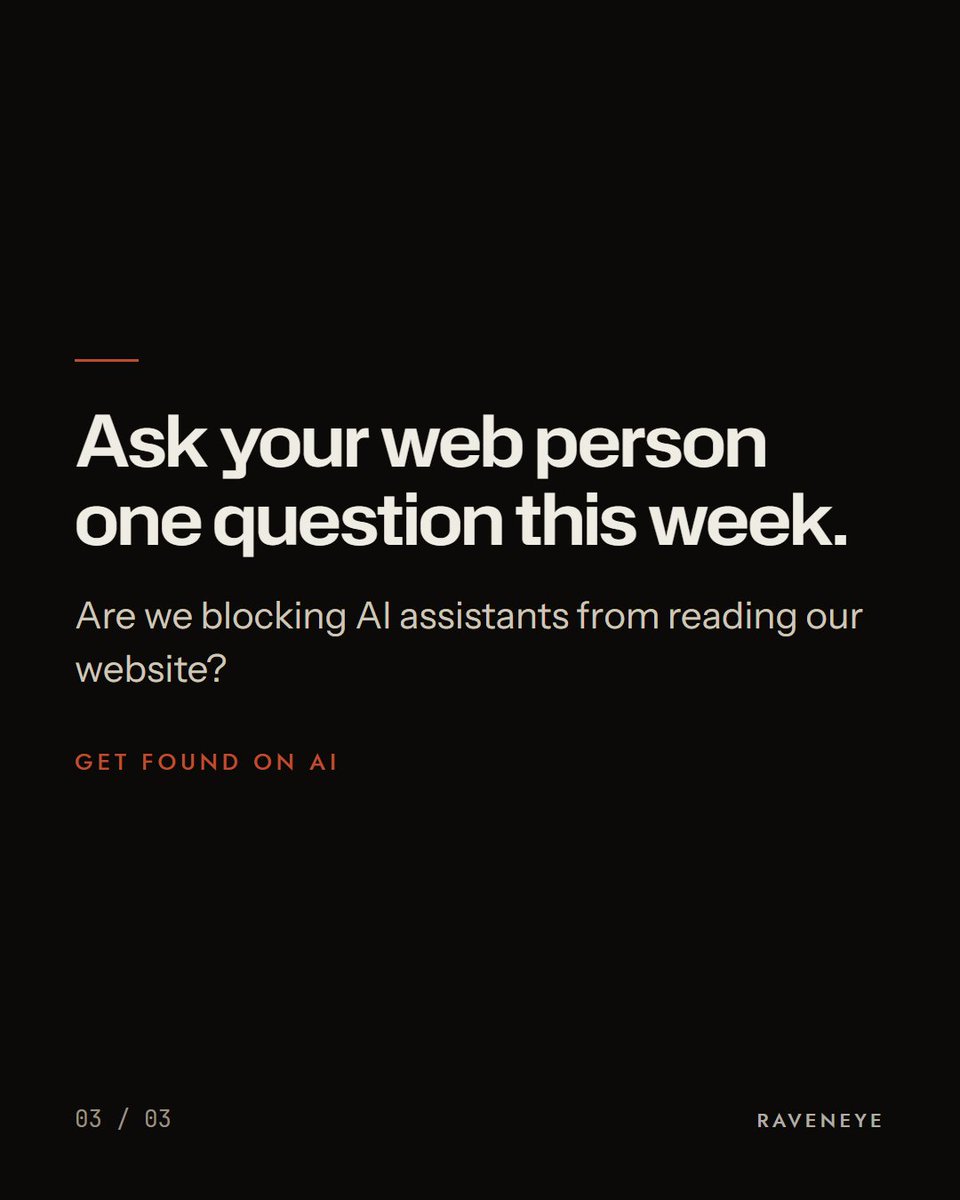 Raveneyeglobal's tweet photo. A Cloudflare study found that among sites using its AI Crawl Control tool, the number actively blocking popular AI crawlers was nearly seven times the number blocking Googlebot and Bingbot. Ask your web person one question this week.

#aiSEO https://t.co/1zFaAwpbIR