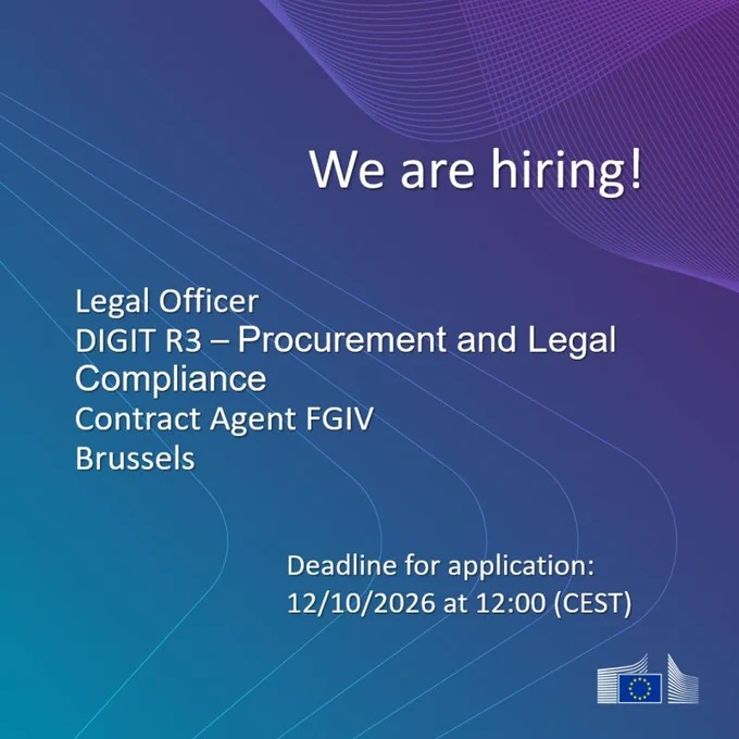 We are hiring!
Legal Officer
DIGIT R3 — Procurement and Legal Compliance
Contract Agent FGIV
Brussels
Deadline for application:
12/10/2026 at 12:00 (CEST)