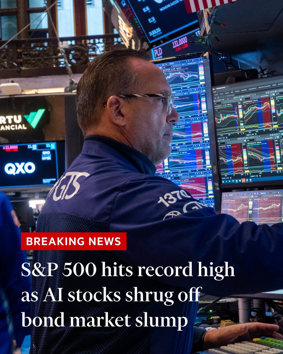 FT's tweet photo. Breaking news: Wall Street’s blue-chip S&amp;P 500 rose 0.5% in early trading, taking the index to a new record high after a downturn in September, when high oil prices and US Treasury yields were threatening to weigh on other assets. https://t.co/ncAV9dHvv6 https://t.co/KgFkY5CQew