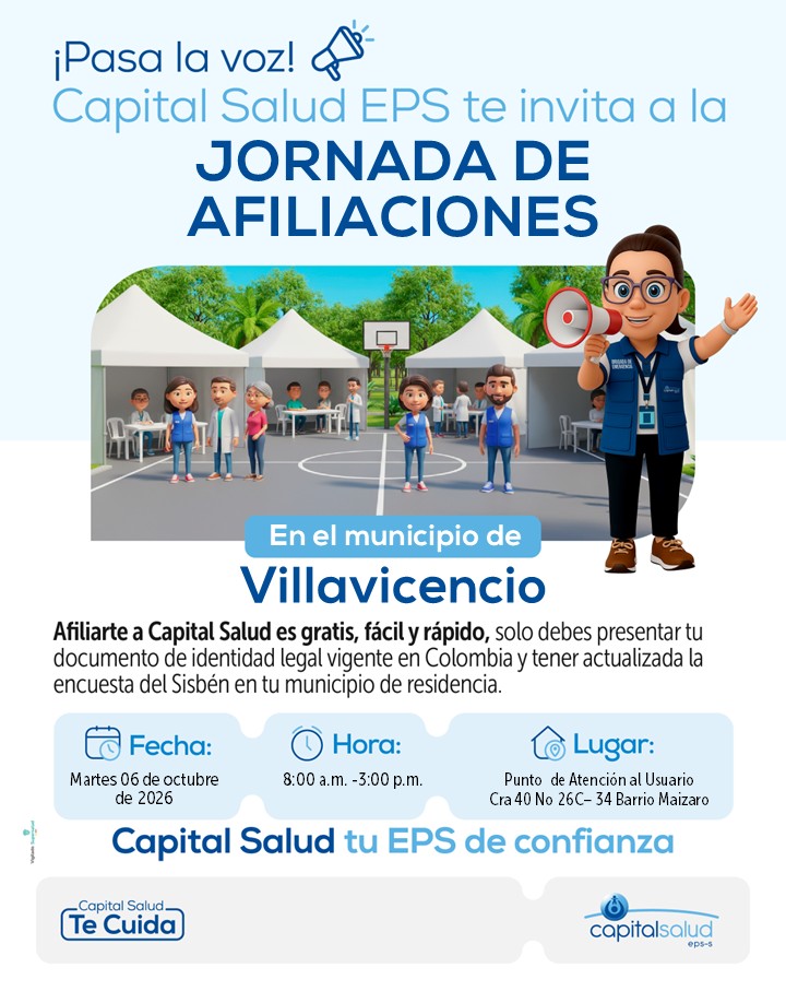 Capitalsalud's tweet photo. ¡Villavicencio, pasa la voz! 📣💙
Capital Salud EPS llega con una Jornada de Afiliaciones para que puedas afiliarte de manera gratis, fácil y rápida.
¡Acércate y conoce cómo hacer parte de Capital Salud, tu EPS de confianza! 💙
 #CapitalSaludTeCuida✅ https://t.co/6yrKh1m7fY
