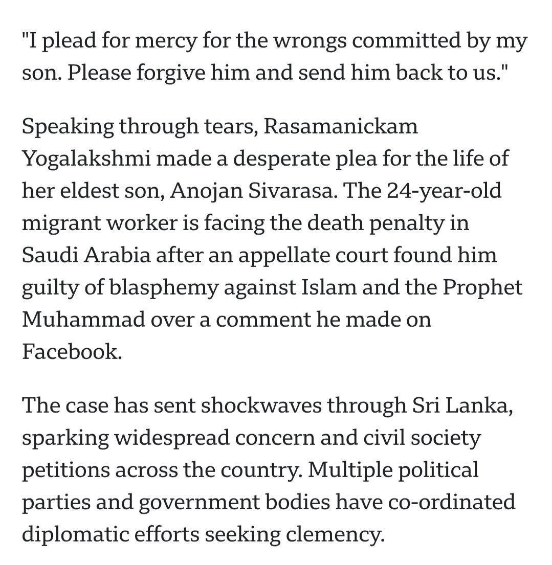 royllovians's tweet photo. This is insane. He's not Muslim and not even Saudi. I hope Sri Lanka at least cuts off diplomacy with Saudi Arabia if this happens.

I'm sure the Trump administration has zero interest in this case, but I wish we could throw our weight around to force our "ally" to drop it! https://t.co/j9BPH7nX54