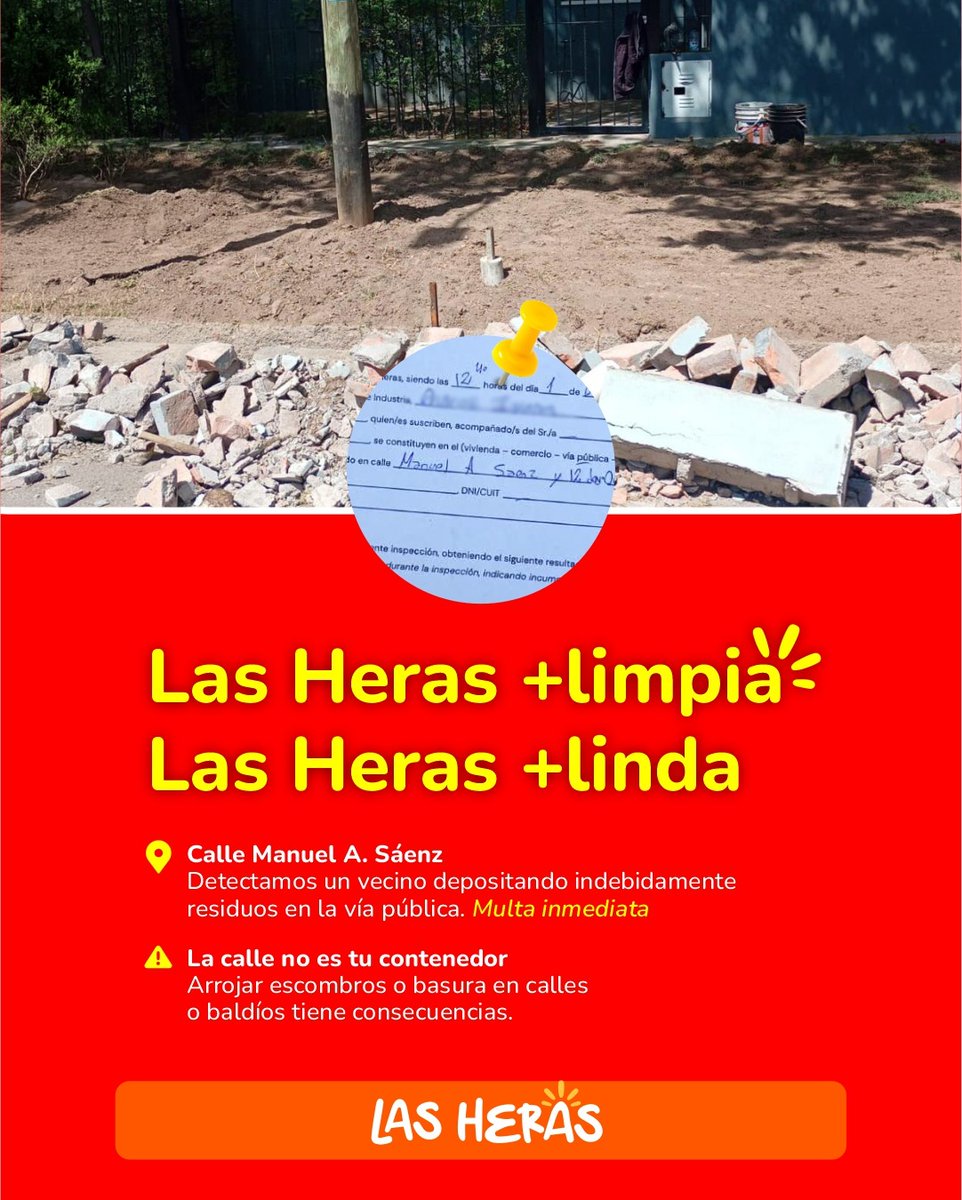 lopresti_lh's tweet photo. Detectamos a vecinos tirando residuos en la vía pública, en Manuel A. Sáenz y La Pampa. Intervenimos de inmediato y aplicamos las multas correspondientes.
Estamos realizando operativos diarios de limpieza y prevención para preparar a Las Heras ante el fenómeno del Súper Niño. Pero cada residuo que se tira en la calle puede obstruir acequias y canales, y poner en riesgo a toda la comunidad.
Mantener limpios nuestros espacios públicos es una responsabilidad compartida. Nosotros hacemos nuestra parte. Ahora es con vos.