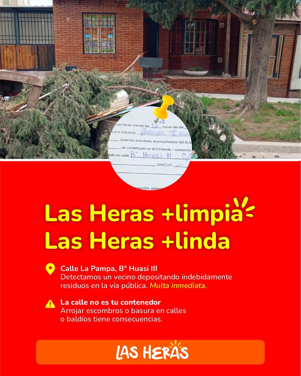 lopresti_lh's tweet photo. Detectamos a vecinos tirando residuos en la vía pública, en Manuel A. Sáenz y La Pampa. Intervenimos de inmediato y aplicamos las multas correspondientes.
Estamos realizando operativos diarios de limpieza y prevención para preparar a Las Heras ante el fenómeno del Súper Niño. Pero cada residuo que se tira en la calle puede obstruir acequias y canales, y poner en riesgo a toda la comunidad.
Mantener limpios nuestros espacios públicos es una responsabilidad compartida. Nosotros hacemos nuestra parte. Ahora es con vos.