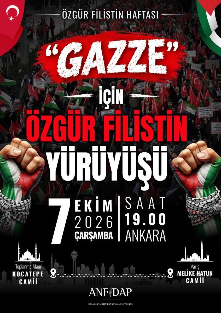 MemurSenKonf's tweet photo. GAZZE İÇİN, FİLİSTİN İÇİN, İNSANLIK İÇİN MEYDANLARDAYIZ

Gazze’de yaşanan insanlık dramı karşısında sessiz kalmıyor, Filistin halkının haklı mücadelesine ve özgürlük talebine sahip çıkıyoruz.
 
7 Ekim’in yıl dönümünde; Gazze’de hayatını kaybeden çocukları, kadınları ve sivilleri unutmamak, yaşanan zulme karşı sesimizi yükseltmek ve Filistin’in özgürlüğüne olan inancımızı bir kez daha ortaya koymak için Ankara’da meydanlardayız.

Bu anlamlı yürüyüşe tüm teşkilatımızı ve Ankara halkını Gazze için, Filistin için, adalet için omuz omuza yürümeye davet ediyoruz.

📅 7 Ekim 2026 Çarşamba
🕖 19.00
📍 Kocatepe Camii

Özgür Filistin için birlikte yürüyelim. 🇵🇸
@anfidap