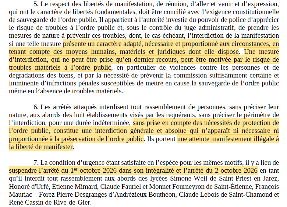 N_Hervieu's tweet photo. Mobilisation lycéenne : En référé, l'interdiction préfectorale de tout rassemblement devant une série de lycées (surtout à Saint-Etienne) est suspendue.

Car il s'agit d'« une interdiction générale et absolue » ni nécessaire, ni proportionnée.

[TA Lyon, 6 oct. 2026, n° 2613402] https://t.co/9HZvuW5SJm