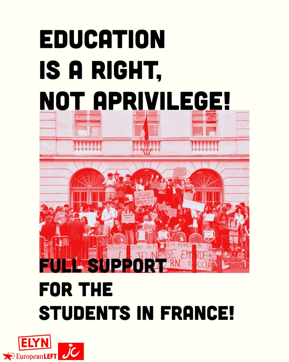 europeanleft's tweet photo. The European Left Youth Network (ELYN) expresses its full solidarity with the high school students of France, who since the end of September have been leading a mobilization unprecedented in recent years. We salute the decisive role played in it by our organization, the Mouvement des Jeunes Communistes de France (MJCF). Read full statement: https://t.co/kMuGxd6n07