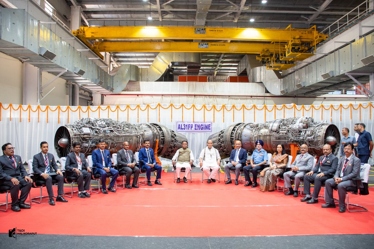 HALHQBLR's tweet photo. Six decades of engineering excellence. 2,000 aero engines. 9,000+ engine overhauls. And a growing indigenous capability in high-thrust engines. HAL Koraput today delivered its 2,000th engine (AL31 FP) in the presence of Hon’ble Raksha Mantri Shri Rajnath Singh, Shri Mohan Charan Mahji, Chief Minister of Odisha, Shri Sanjeev Kumar, Secy (DP),