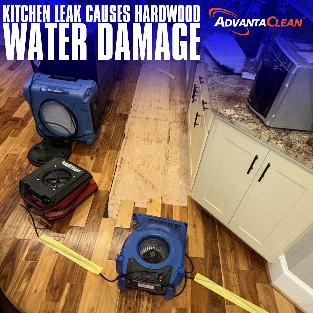 AdvantaCleanGA's tweet photo. A kitchen sink leak can send water well beyond the cabinet. Here, moisture reached the hardwood flooring, requiring affected sections to be removed and the area thoroughly dried before repairs could begin. https://t.co/5kUiAaKpZU