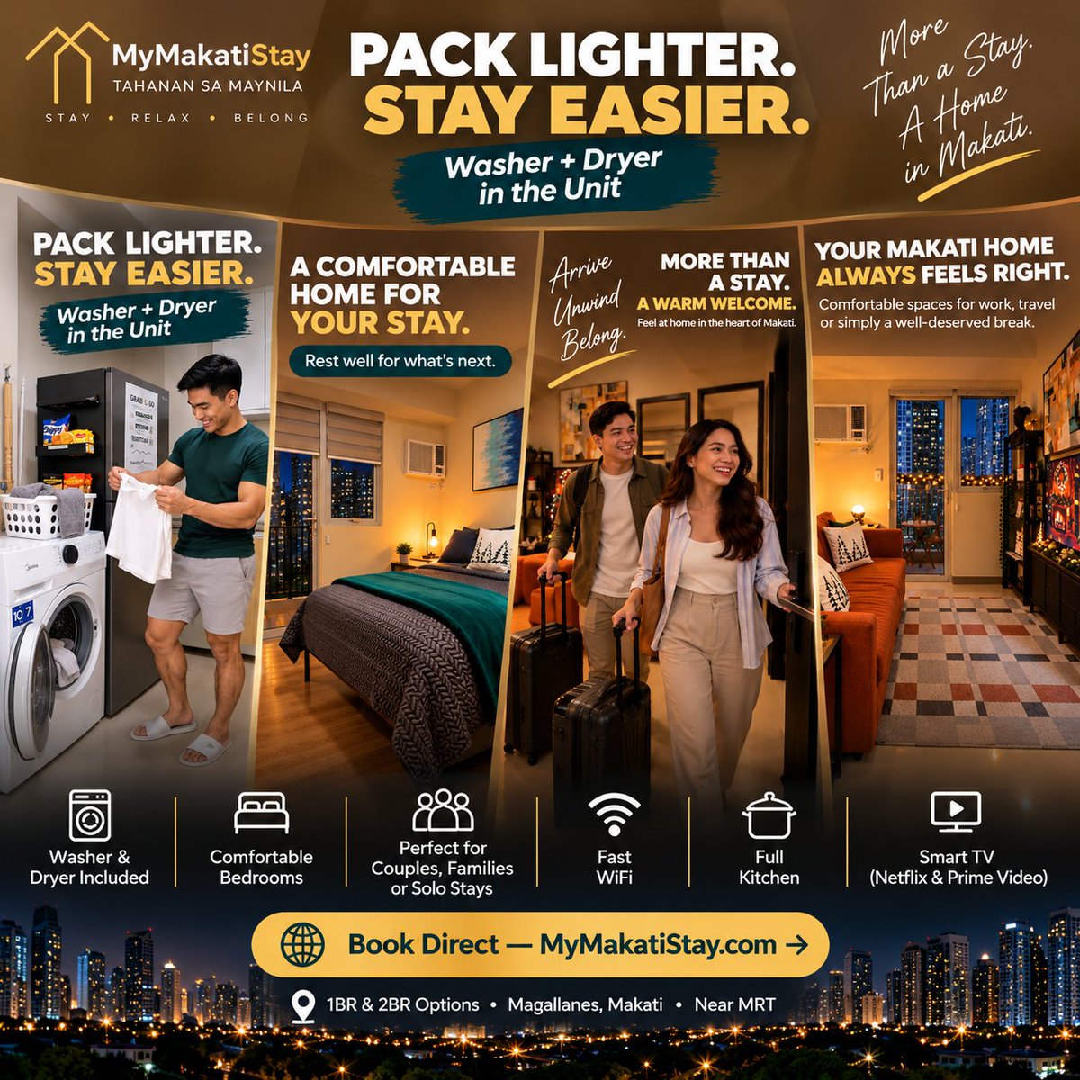 MakatiStay's tweet photo. In-unit washer & dryer, comfortable bedrooms, and everything you need to settle in, Tahanan sa Maynila makes longer stays—and shorter trips—a little easier.
📶 Fast WiFi
🚆 Near MRT Magallanes
📍 Magallanes, Makati
🏠 1BR & 2BR stays available
Check availability & book direct:
🌐 https://t.co/fdVhenw3lg