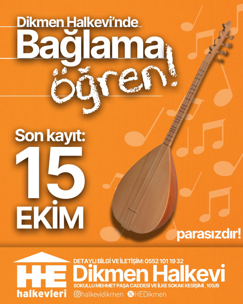 HEDikmen's tweet photo. Dikmen Halkevi'nde bağlama öğren!

Halkevi'ne gelerek ya da iletişim numarasını arayarak bilgi alabilir, kayıt olabilirsiniz.

Son kayıt 15 Ekim🎉 https://t.co/VYswGazKeP