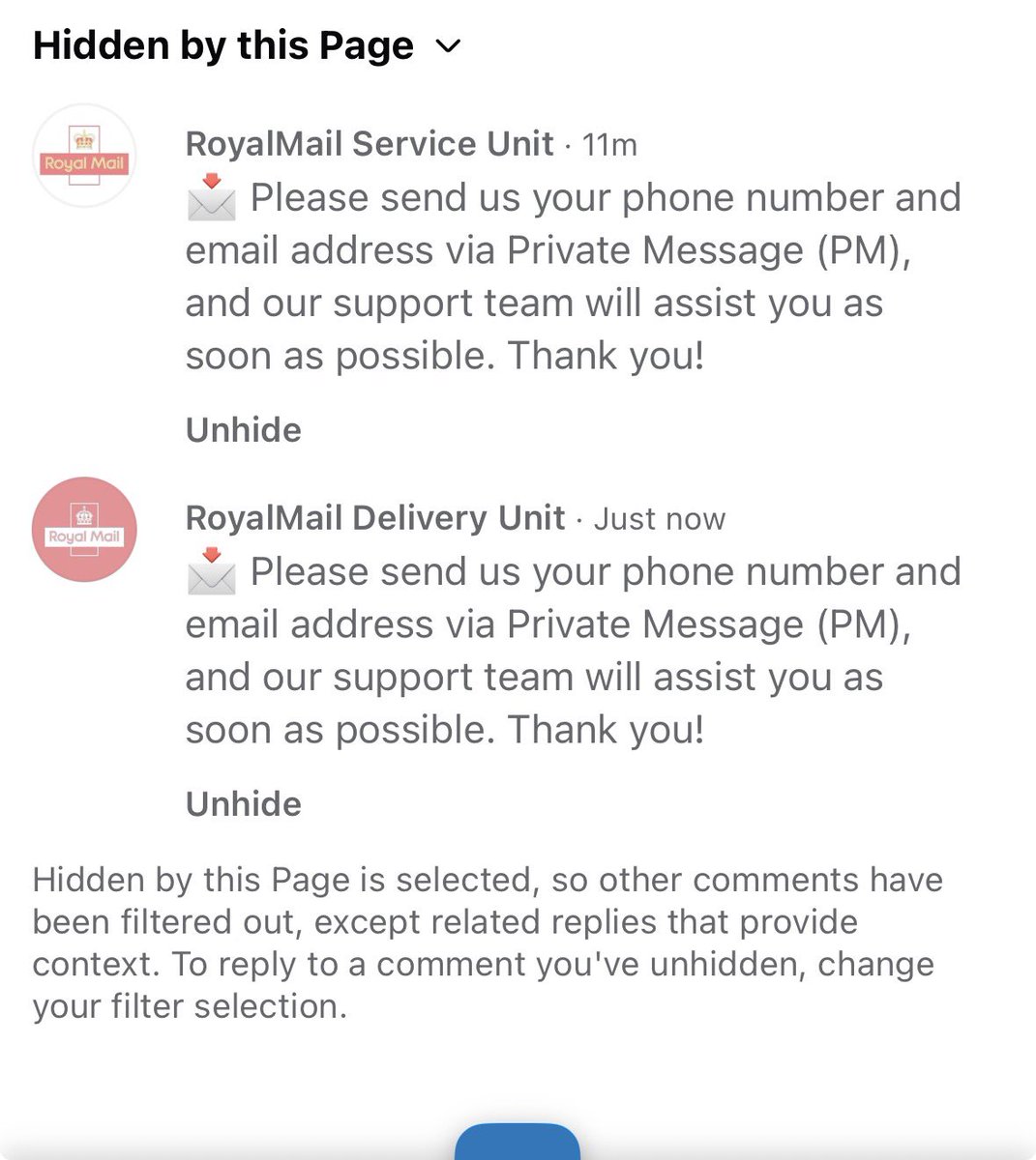 StephJS's tweet photo. @RoyalMail I’ve just reported a page on FB pretending to be RM! They’ll even got my phone no from my page and called me!! https://t.co/p5rybKPWq9
