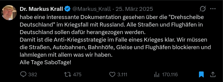 kontrakultur164's tweet photo. > Ruft selbst zu Sabotage im Kriegsfall auf
> Nennt mutmaßliche Sabotage an Infrastruktur im Kriegsfall Hochverrat. https://t.co/EsaqvhSCDI