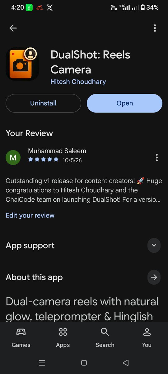 MSaleemDev's tweet photo. Shoutout to @Hiteshdotcom &amp; the @ChaiCodeHQ team for launching DualShot: Reels Camera (v1.2)!
  
​Early versions are all about building momentum—and having Sarvam AI captions, teleprompter tools, and 4K exports right out of the gate is a massive win! https://t.co/U0QC0xaFG4