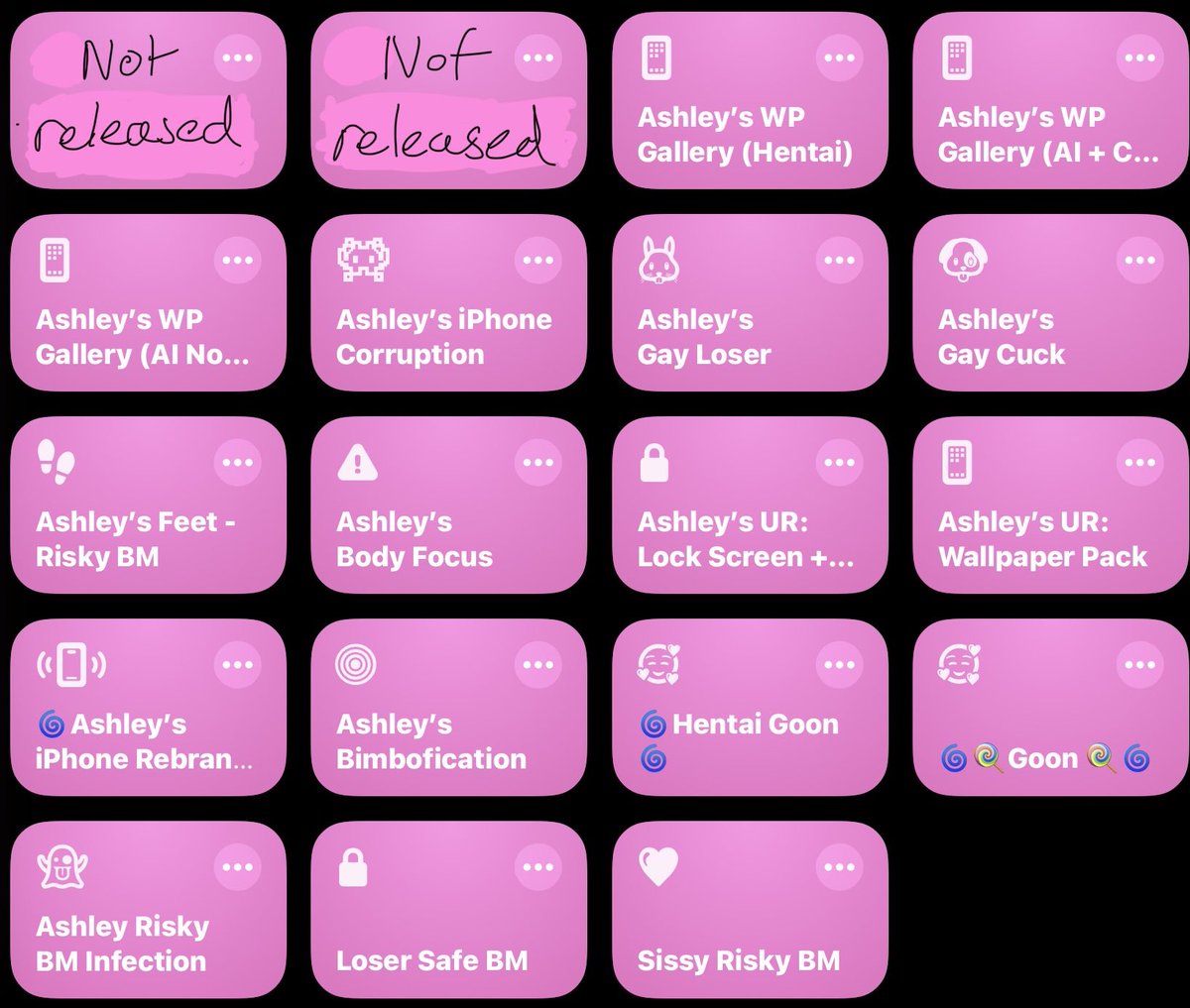 2DfdTechAshley's tweet photo. Since I get asked so often, I thought that it may be a great idea to show you guys just how many paid shortcuts I’ve made. 

All of these are purchasable~ 

And a proper menu is available in my verified Discord server.

As you can see, there are two unreleased  shortcuts which will be coming out very soon. 

Any guesses on what they could be about~? 

I will also give an update on the free shortcuts~ 

There are 6 currently released, and Locktober Week 2 has been officially completed and will be dropped on the 8th October~ 

(I do still need to finish the APK, but that should get done) 

#techdom #2Dfd #femdom #findom #shortcut #iOS #APK #Android #clickslut