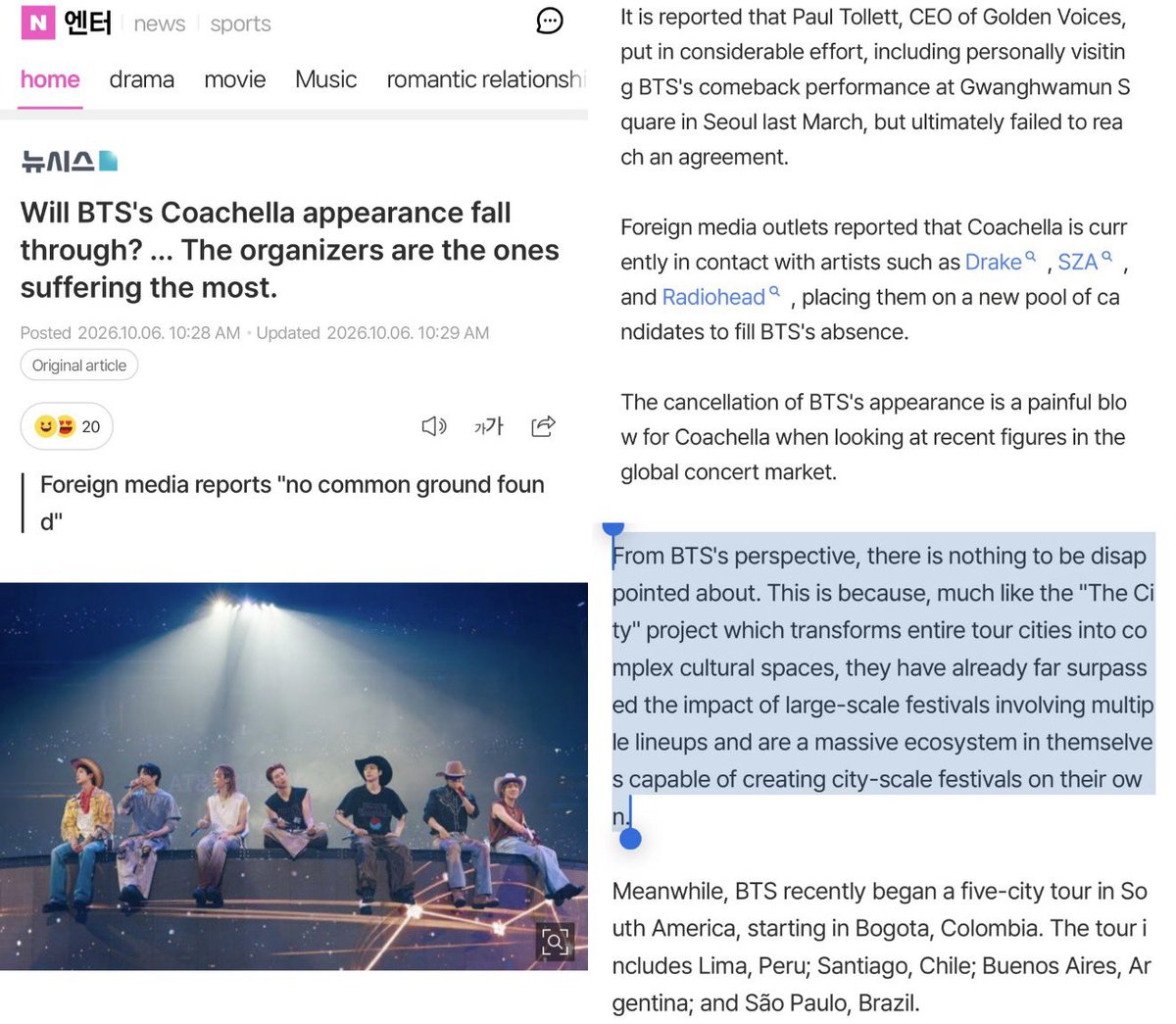amevvil's tweet photo. summary: coachella is deeply hurt by failing to secure bts after extensive efforts, but from bts's perspective there is zero disappointment because their own massive projects and global tours far surpass any festival's impact.

🔗 https://t.co/YS8EIxeKi6 https://t.co/d17msuNHml