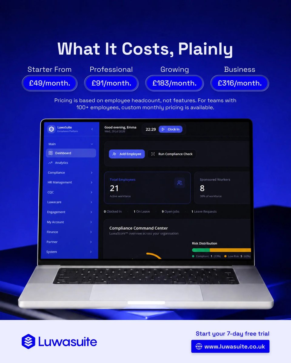 LuwasuiteUK's tweet photo. How much does LuwaSuite actually cost? 

And if you’re still deciding, you can start with a 7-day free trial and see how LuwaSuite works for your organisation.

👉 Visit https://t.co/BjQlH27s0e⁠ to get started.

#HRSoftware #HRManagement #BusinessSoftware #WorkforceManagement https://t.co/8Q0rOvPhGp