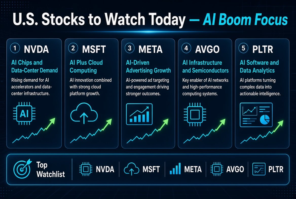 netalaboblog's tweet photo. 🚀 U.S. Stocks to Watch Today: 5 Key Picks
The AI boom continues to drive market sentiment, while investors remain focused on tech and growth stocks.

$NVDA — AI chips & data-center demand
$MSFT — AI + cloud computing
$META — AI-driven advertising growth
$AVGO — AI infrastructure & semiconductors
$PLTR — AI software & data analytics
🔥 Top Watchlist: $NVDA $MSFT $META $AVGO $PLTR
Keywords: #USStocks #Stocks #NASDAQ #SP500 #AI #ArtificialIntelligence #TechStocks #Investing #WallStreet #StockMarket
💬 Which one is on your watchlist today?