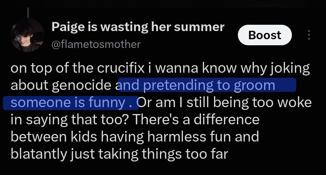 flametosmother's tweet photo. in what world did i insinuate a child is a groomer. I said they were joking about grooming and when they denied it and said that scenario wasn't grooming, I provided evidence that it was, in fact, a common grooming tactic ??? and therefore it was a grooming joke ??? https://t.co/jhdMgIoUWo