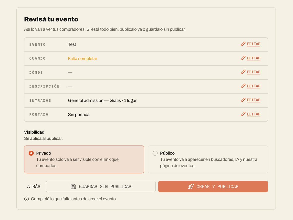 Ailegonzalez's tweet photo. Redesigned onboarding for a ticketing app. Five steps, from account to published event. The screens were the easy part.

The first version saved to the database on every step. That left abandoned drafts, and going back could duplicate entries.

Nothing is written until the last button. The draft stays in the browser, so a Mercado Pago redirect doesn't wipe it. A double click returns the same event, not a second one.