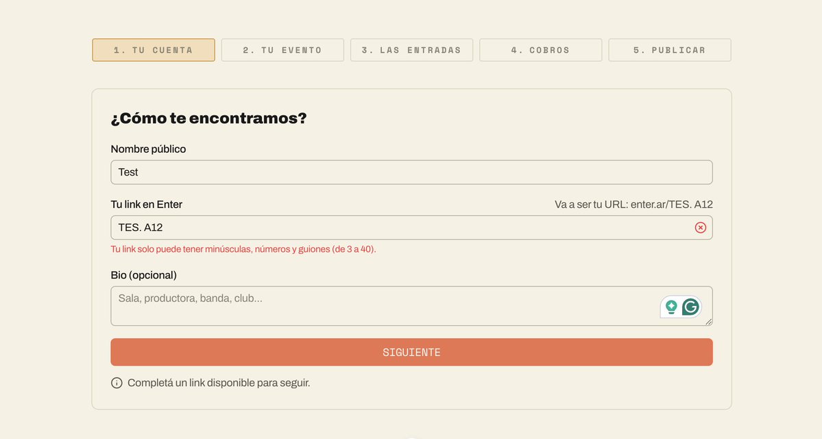 Ailegonzalez's tweet photo. Redesigned onboarding for a ticketing app. Five steps, from account to published event. The screens were the easy part.

The first version saved to the database on every step. That left abandoned drafts, and going back could duplicate entries.

Nothing is written until the last button. The draft stays in the browser, so a Mercado Pago redirect doesn't wipe it. A double click returns the same event, not a second one.